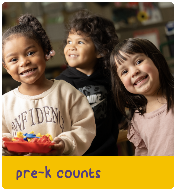 Three smiling children, one holding a toy, with text 'pre-k counts'