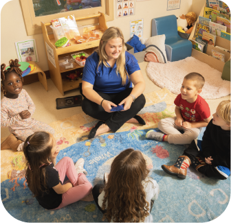 Teacher sitting on a rug reading to children seated in a circle