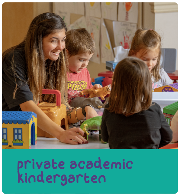 Teacher helping children play at a table with text 'private academic kindergarten'