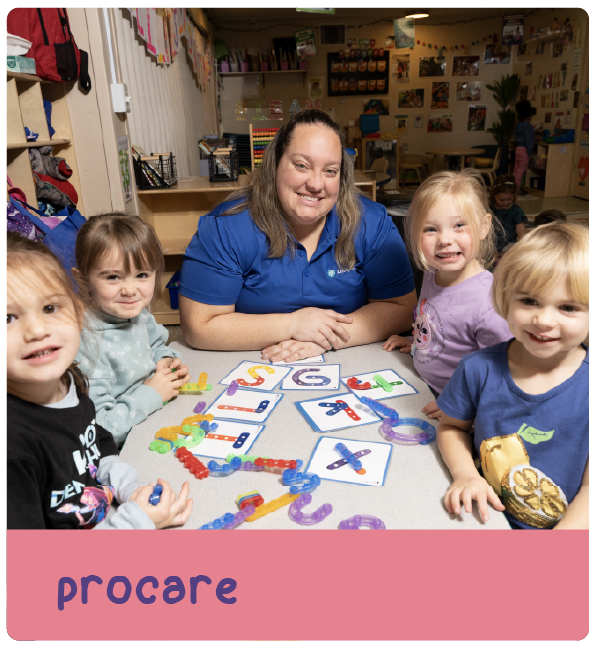 Teacher with four children at a table with colorful letter toys and text 'procare'
