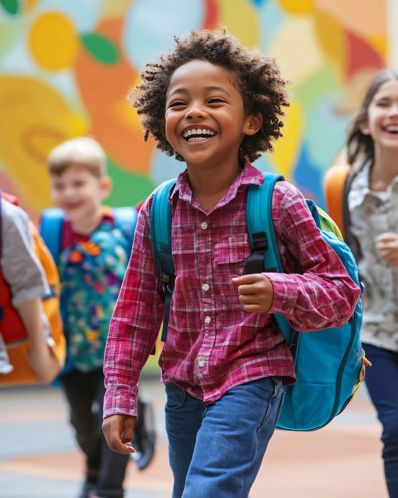 A cheerful young boy wearing a backpack laughs while walking with a group of children in a school hallway