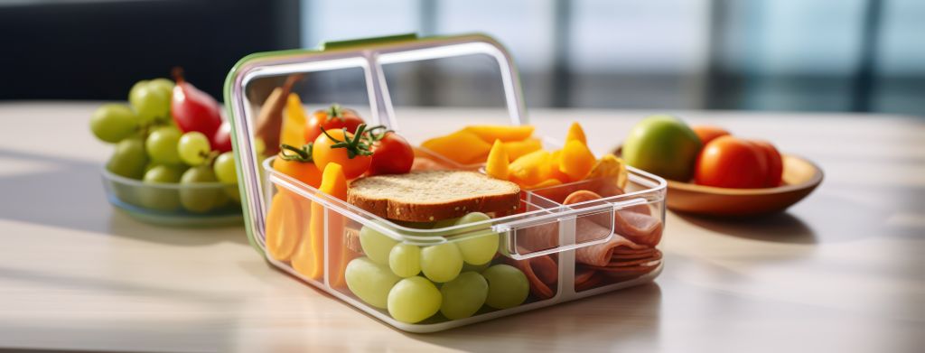 A healthy lunch box filled with grapes, cherry tomatoes, orange slices, sandwiches, and fresh fruits on a table