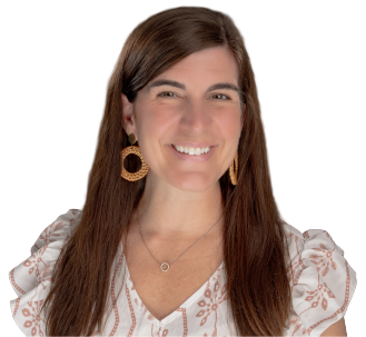 A Lifespan Childcare staff member with long straight brown hair wearing round earrings and a floral blouse, smiling with a transparent background