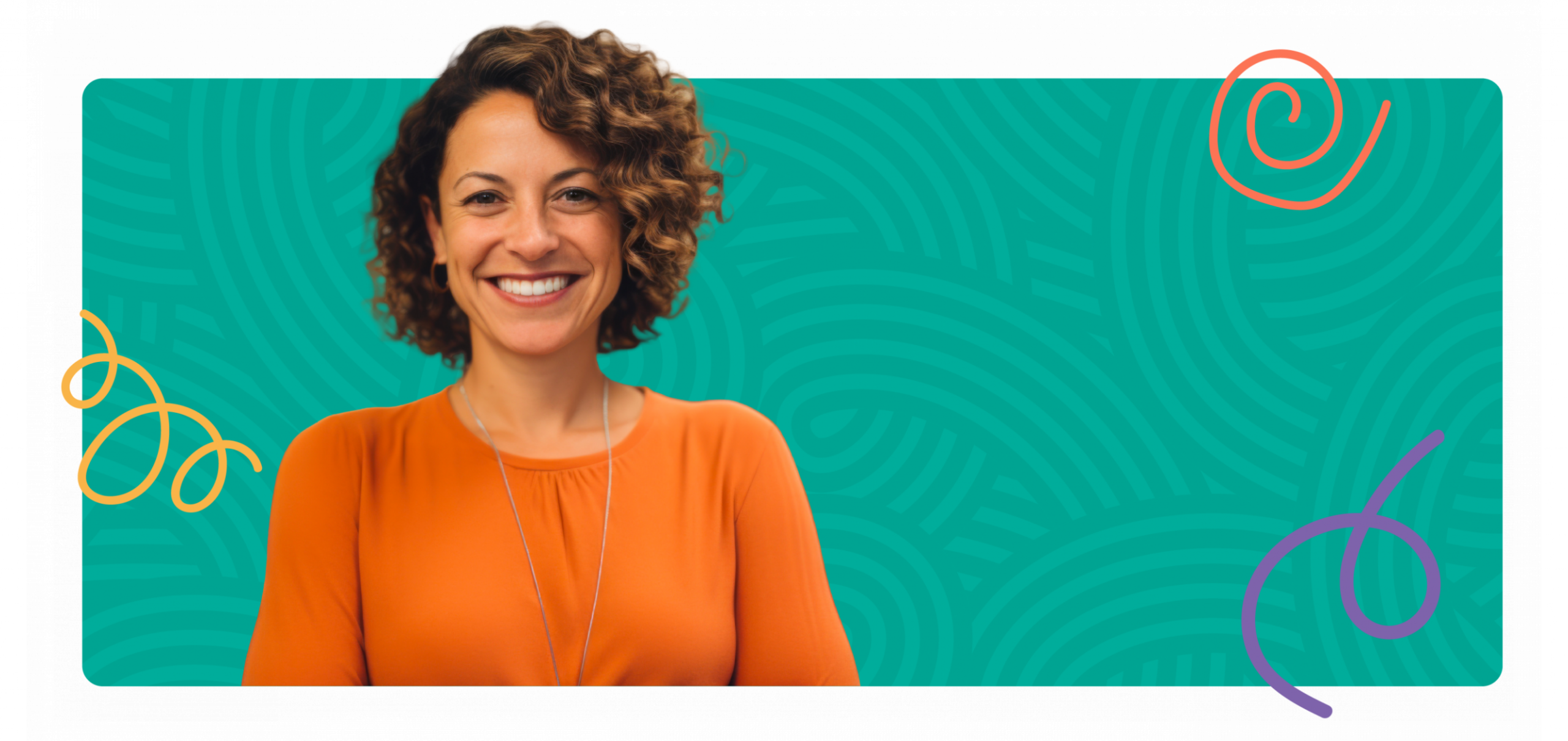 A smiling woman with curly hair wearing an orange top, set against a teal background with colorful swirl decorations