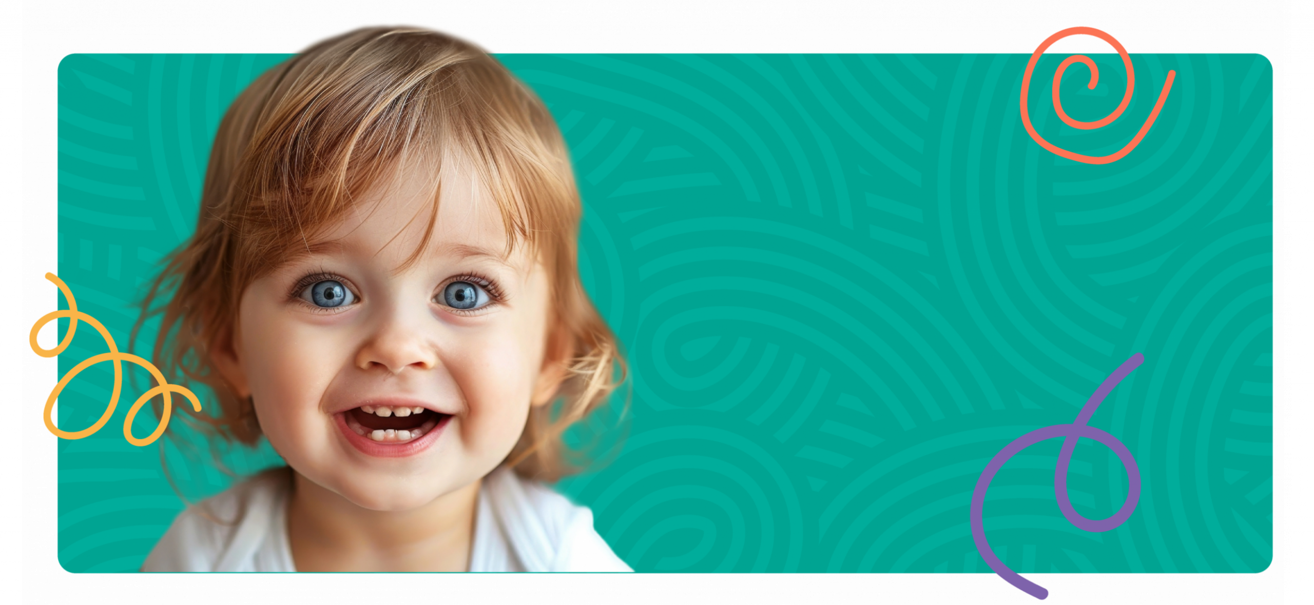 A happy toddler with bright blue eyes and a big smile, set against a teal background with colorful swirl decorations
