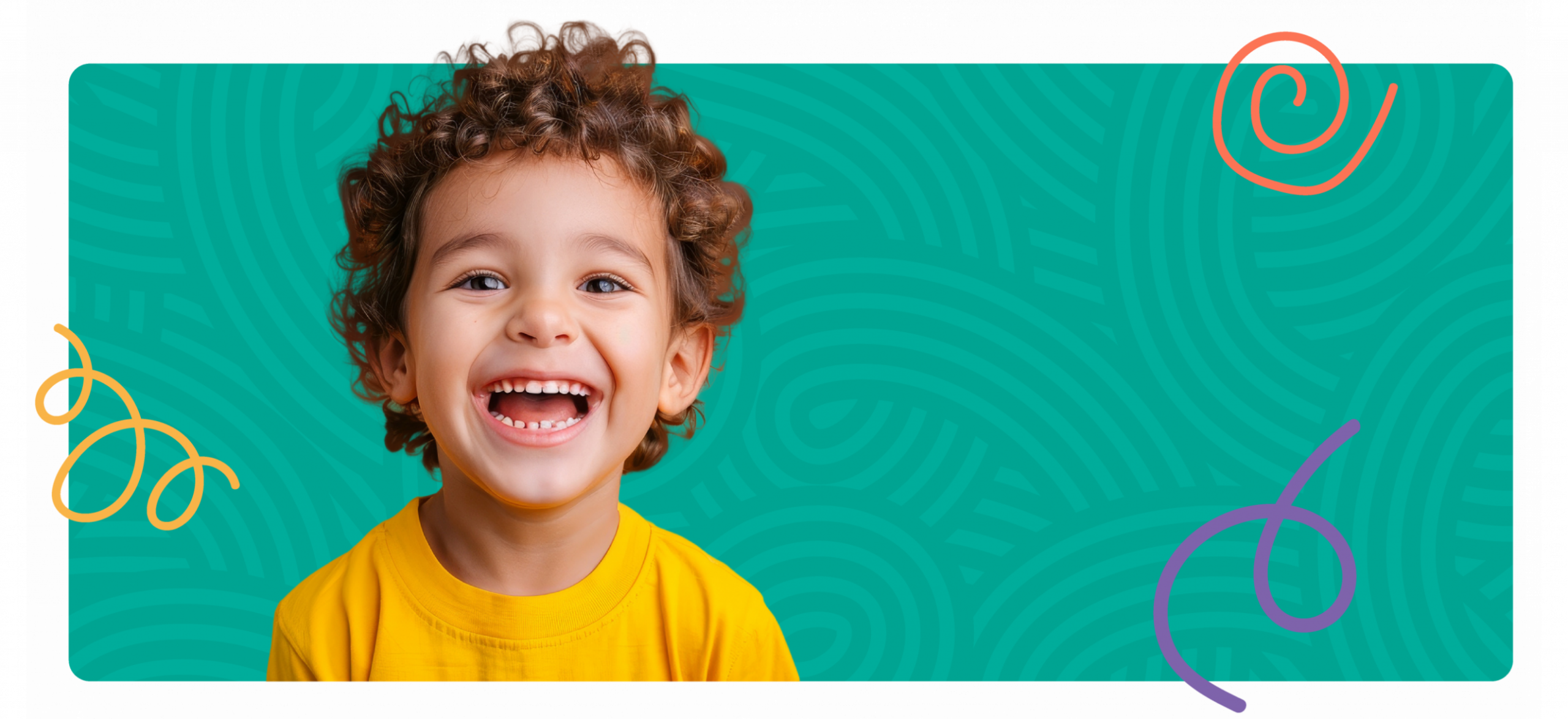 A young child with curly hair laughing joyfully while wearing a yellow shirt, set against a teal background with colorful swirl decorations